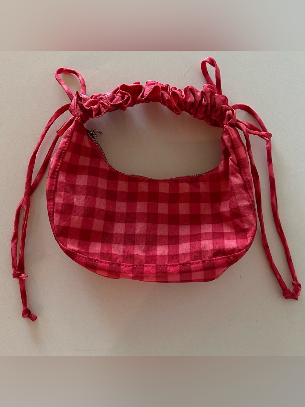 NEW Baggu Molly Goddard Mini Ruffle Crescent Bag Ruby Gingham Pink Coquette
